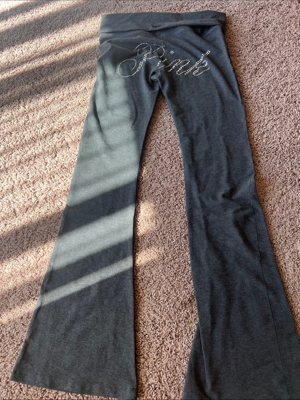PINK Rhinestone Logo Fold-Over Waist Yoga Pants - Grey Size Small